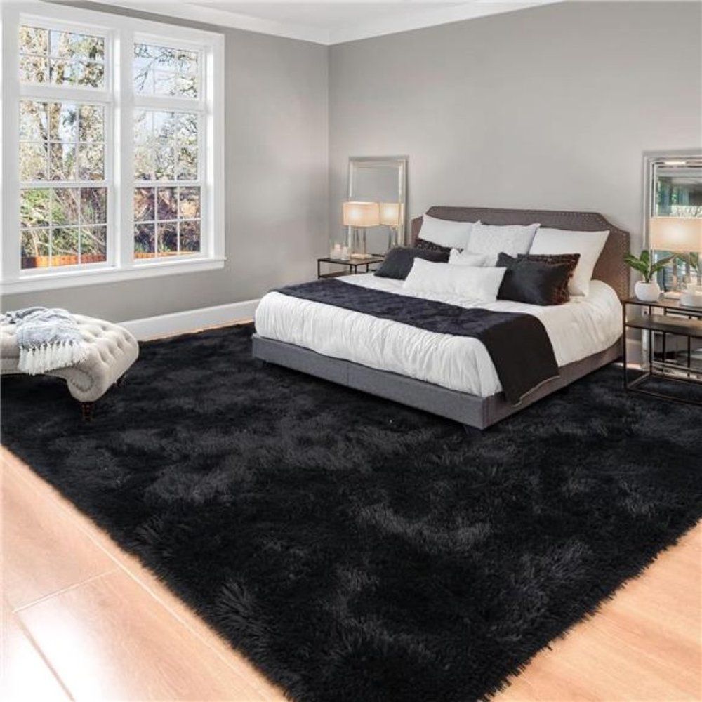 Super Soft Shaggy Rug Fluffy Bedroom Carpets, 6x9 Feet Black, Modern Indoor
